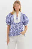 Blue and White Circle Print Top