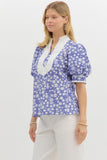 Blue and White Circle Print Top