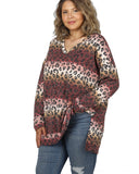 Burgundy and Rose Leopard Print V-Neck Top Plus