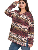 Burgundy and Rose Leopard Print V-Neck Top Plus