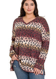 Burgundy and Rose Leopard Print V-Neck Top Plus