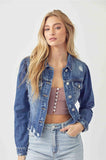 Risen Shirring Sleeve Distressed Denim Jacket