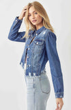 Risen Shirring Sleeve Distressed Denim Jacket