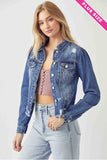 Risen Shirring Sleeve Distressed Denim Jacket