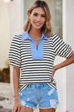 Blue Striped V Neck Short Sleeve Top