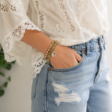 Ellison+Young Marbled Bead Stretch Bracelet Set of 2, Organic Gold with Crystal Coin Charm