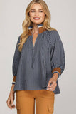 Navy 3/4 Slv Half Zip Stripe Pullover