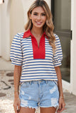 Blue Striped V Neck Short Sleeve Top