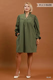 Olive Puff Sleeve Mini Dress Plus