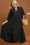 Black Seersucker Gold Trim Midi Dress