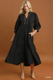 Black Seersucker Gold Trim Midi Dress
