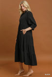Black Seersucker Gold Trim Midi Dress
