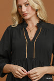 Black Seersucker Gold Trim Midi Dress