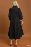 Black Seersucker Gold Trim Midi Dress