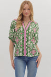 Green and Pink Contrast Trim Top