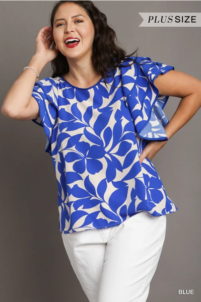 Blue Floral Layered Ruffle Sleeve Top Plus