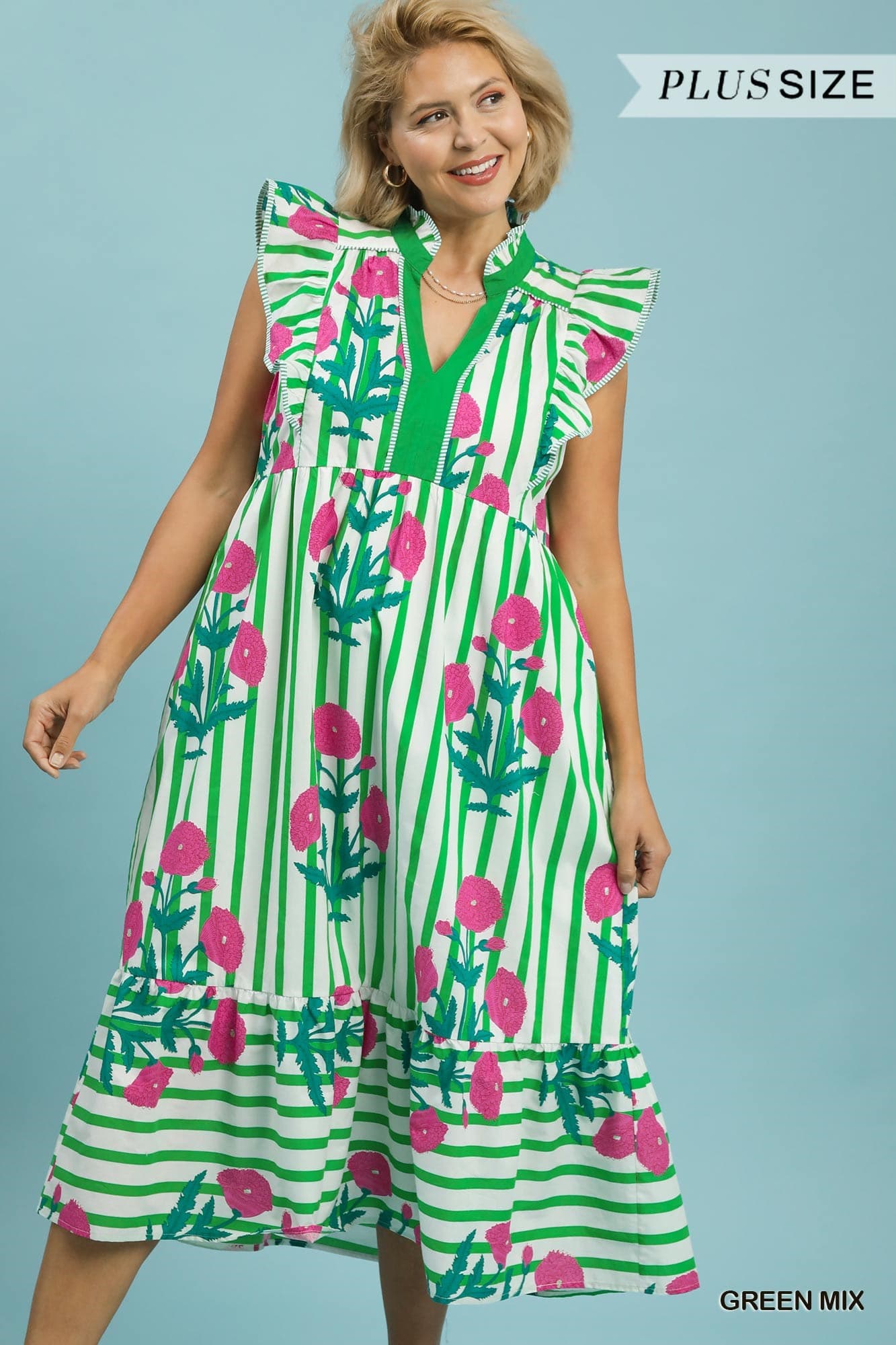 Umgee Mix Striped Floral Midi Dress in Green Mix 2XL Umgee Mix Striped Floral Midi Dress in Green Mix 2XL