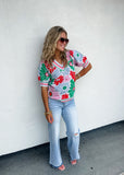 Green and Red Floral and Stripes Top