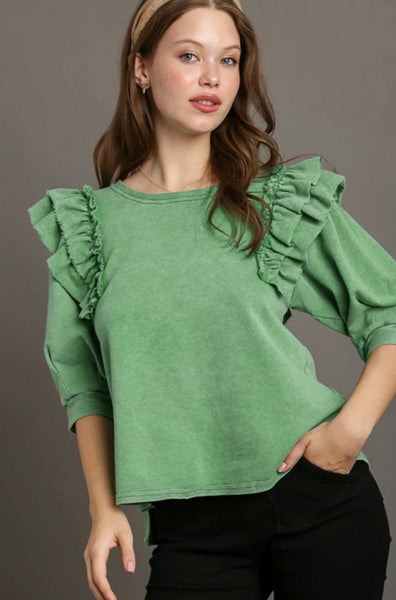 Green Boxy Cut Mineral Wash French Terry Top