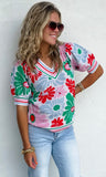 Green and Red Floral and Stripes Top