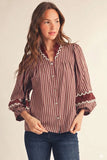 Burgundy Stripe Puff Sleeve Top