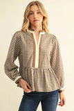 Taupe Gingham Peplum Top