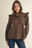 Black Floral Ruffle Trim Top