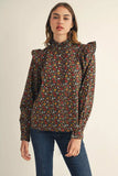 Black Floral Ruffle Trim Top