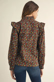 Black Floral Ruffle Trim Top