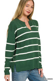 Dark Green Stripe Vneck Sweater