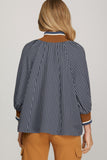 Navy 3/4 Slv Half Zip Stripe Pullover