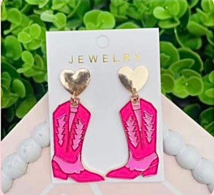 Hot Pink and Gold Boot Earrings