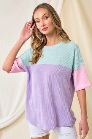 Mint Lavender and Pink Ribbed Colorblock Top