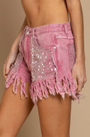 Peony Sequin Adorned Twill Shorts With Fringe