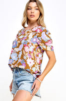 Brown Floral Puff Sleeve Top