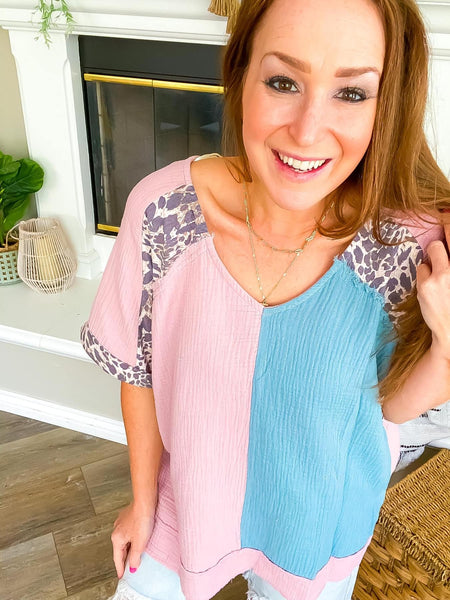 Pink and Blue Leopard Top