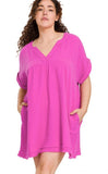 Pink Acidwash Raw Edge Vneck Dress Plus
