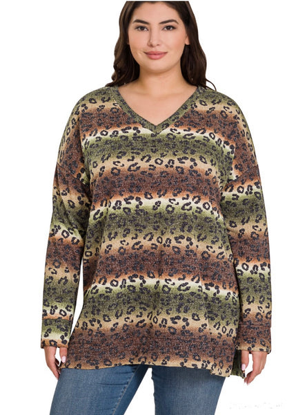 Brown and Olive Leopard Print V-Neck Top Plus