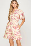 Pink Floral Bell Sleeve Dress