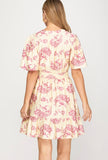Pink Floral Bell Sleeve Dress
