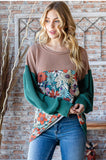 Taupe and Green Floral Ribbed Top