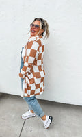 Camel Checkered Print Cardigan