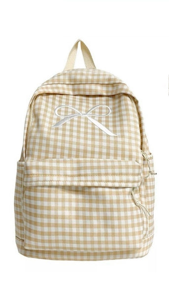 Tan Coquette Bow Checkered Backpack