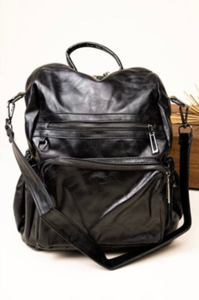 Black Faux Leather Backpack Tote