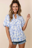 Blue and White Floral Ruffle Neck Top