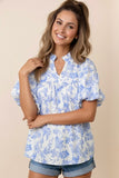 Blue and White Floral Ruffle Neck Top