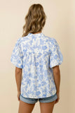 Blue and White Floral Ruffle Neck Top