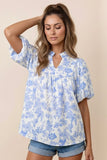 Blue and White Floral Ruffle Neck Top