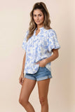 Blue and White Floral Ruffle Neck Top