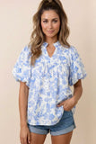 Blue and White Floral Ruffle Neck Top